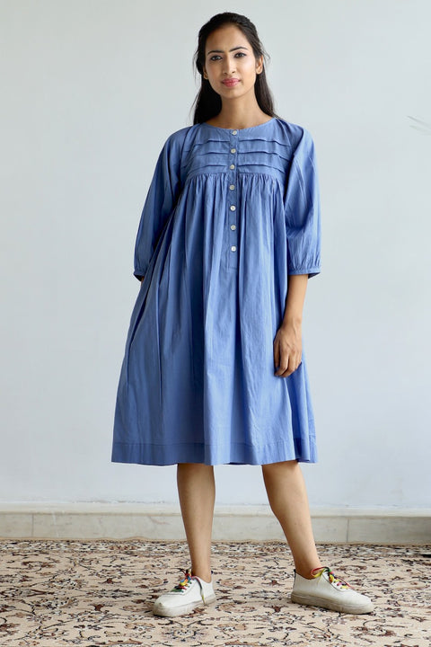 Shop Pleated Yoke Dress in Oxford Blue Cotton | Vinusto