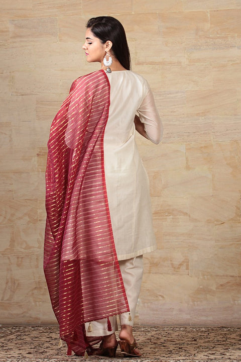 Ivory Chanderi Handloom Kurta With Maroon Yoke