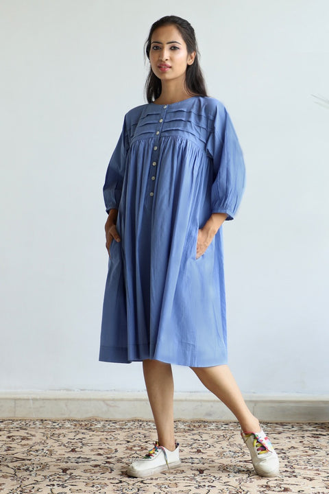Buy Pleated Yoke Dress in Oxford Blue Cotton | Vinusto