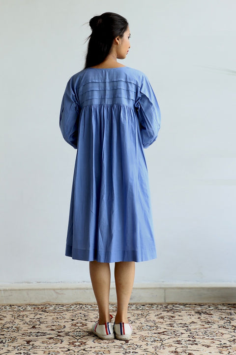 Premium Pleated Yoke Dress in Oxford Blue Cotton | Vinusto