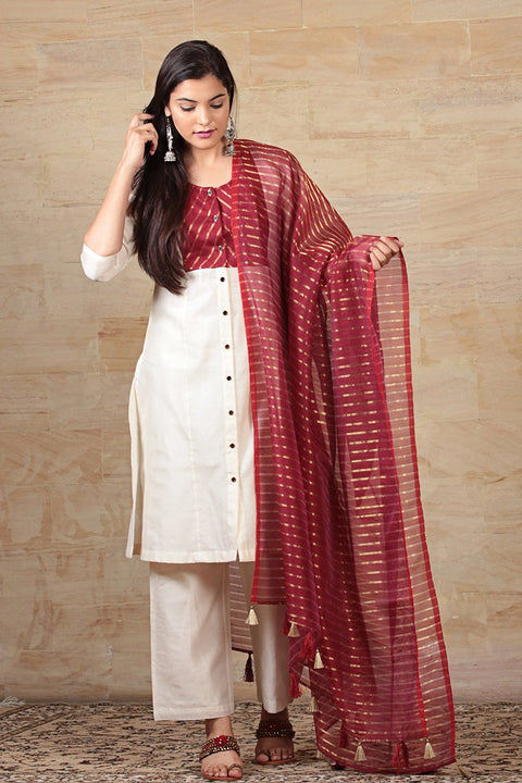 Ivory Chanderi Handloom Kurta With Maroon Yoke