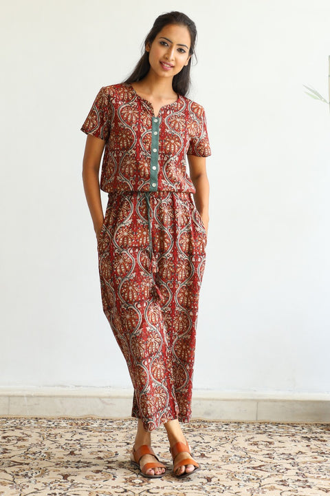 Buy Hand Block Printed Cotton Jumpsuit in Maroon | Vinusto
