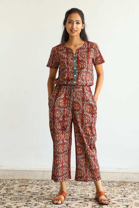 Order Hand Block Printed Cotton Jumpsuit in Maroon | Vinusto