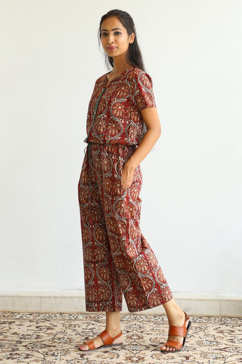 Premium Hand Block Printed Cotton Jumpsuit in Maroon | Vinusto
