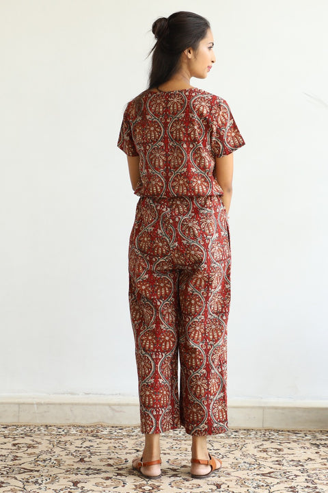 Handcraftf Hand Block Printed Cotton Jumpsuit in Maroon | Vinusto