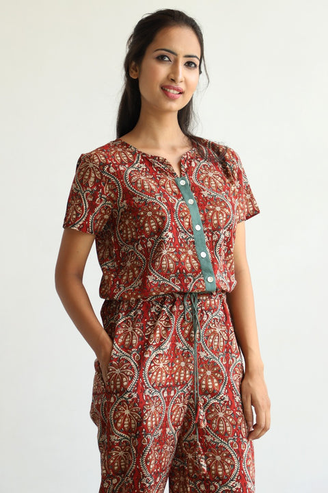 Luxury Hand Block Printed Cotton Jumpsuit in Maroon | Vinusto