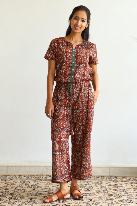Shop Hand Block Printed Cotton Jumpsuit in Maroon | Vinusto