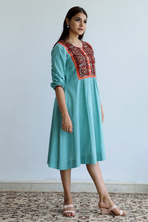 Premium Printed Yoke Cotton Dress in Sea Foam Green | Vinusto