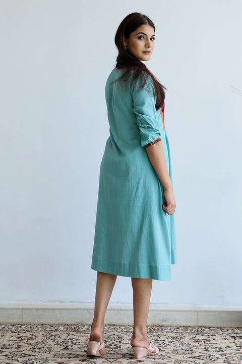 Handcraft Printed Yoke Cotton Dress in Sea Foam Green | Vinusto