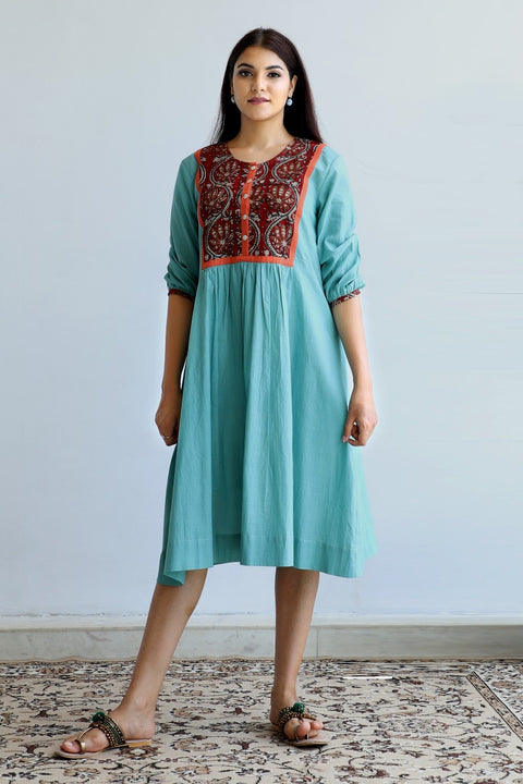 Buy Printed Yoke Cotton Dress in Sea Foam Green | Vinusto