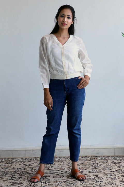 Shop Chanderi Sheer Crop Shirt in Off-White | Vinusto