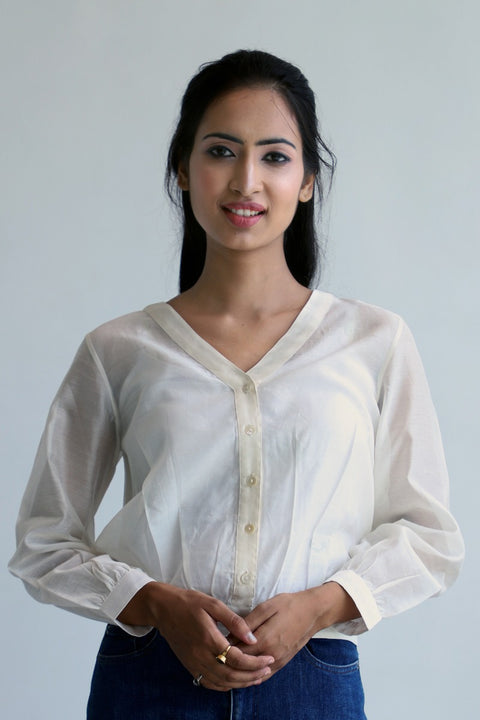 Buy Chanderi Sheer Crop Shirt in Off-White | Vinusto