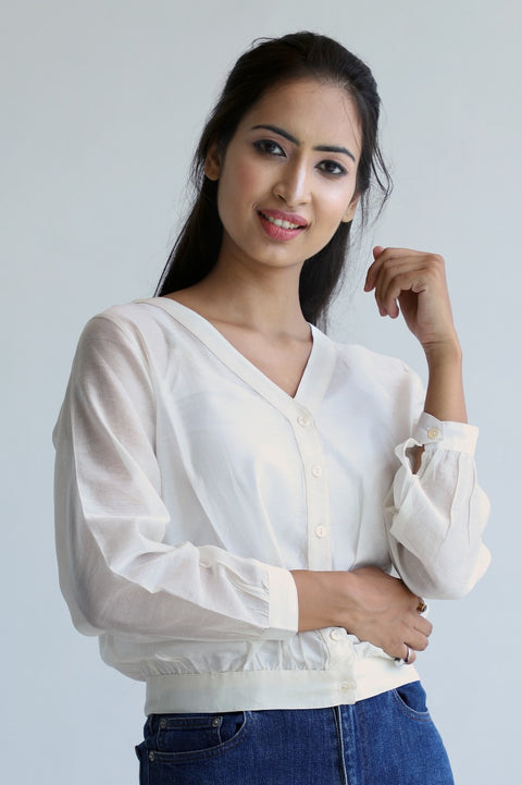 Luxury Chanderi Sheer Crop Shirt in Off-White | Vinusto