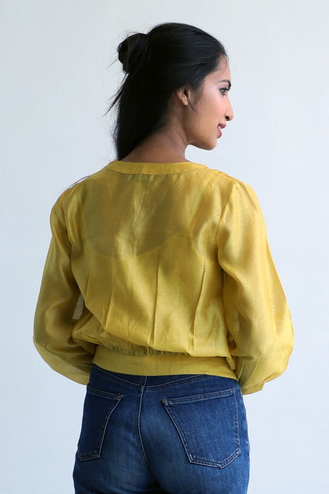 Handcraft Chanderi Sheer Crop Shirt in Yellow | Vinusto