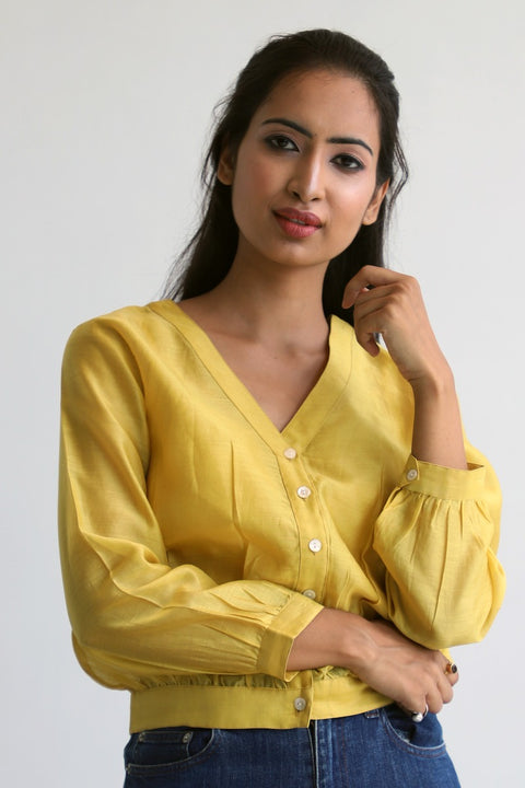 Buy Chanderi Sheer Crop Shirt in Yellow | Vinusto
