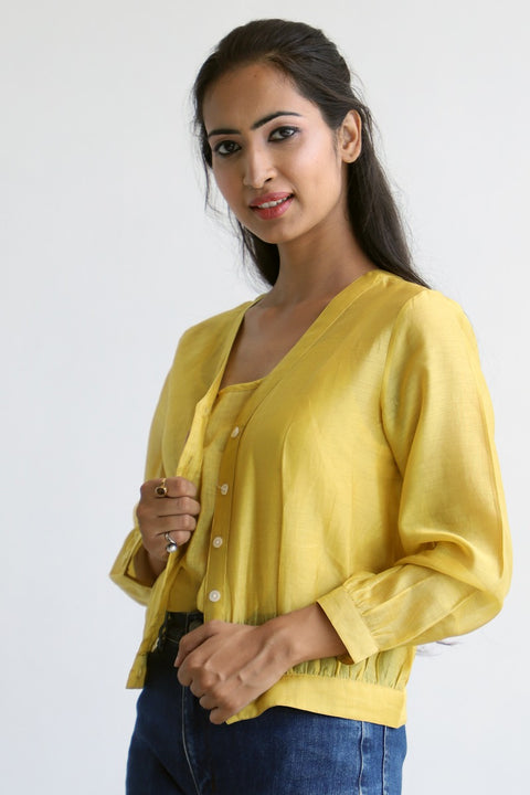 Chanderi Hand Loom Sheer Crop Shirt in Yellow