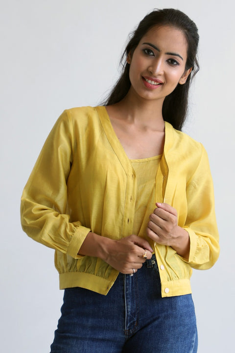 Luxury Chanderi Sheer Crop Shirt in Yellow | Vinusto