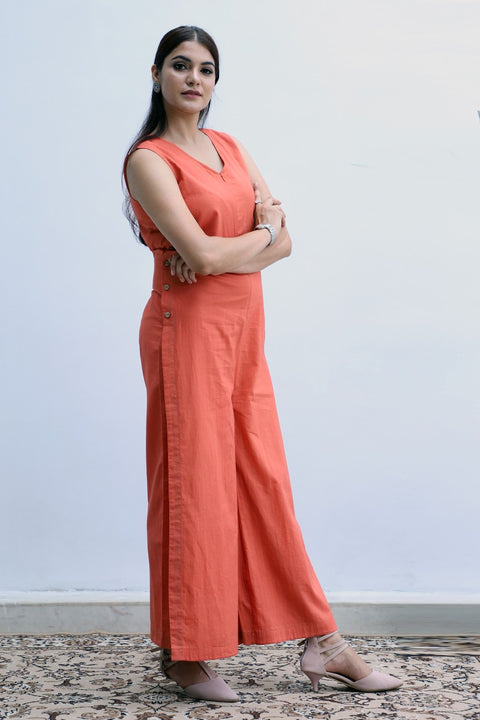 Shop Side-Buttoned Cotton Jumpsuit in Orange | Vinusto
