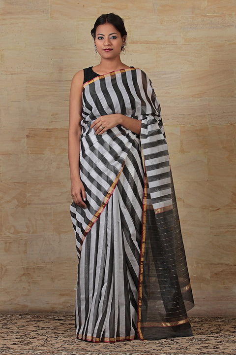Shop Chanderi Silk Saree in Black & White Stripes with Motifs – Chic & Elegant | Vinusto

