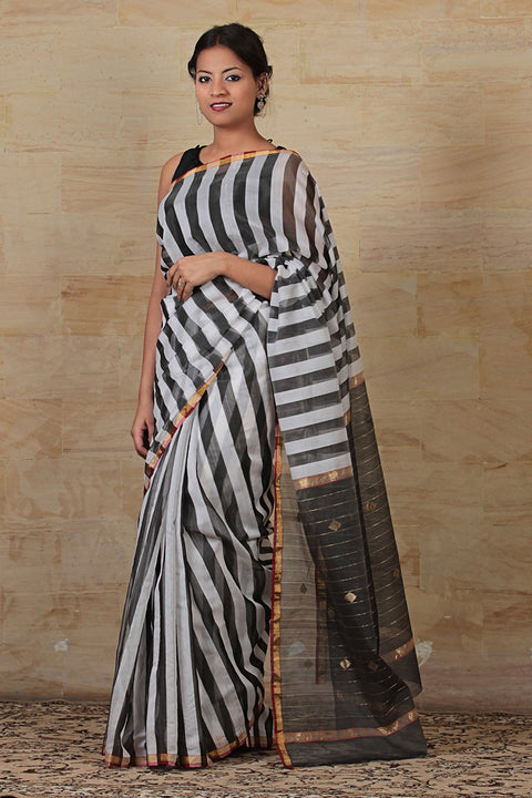 Buy Chanderi Silk Saree in Black & White Stripes with Motifs – Chic & Elegant | Vinusto
