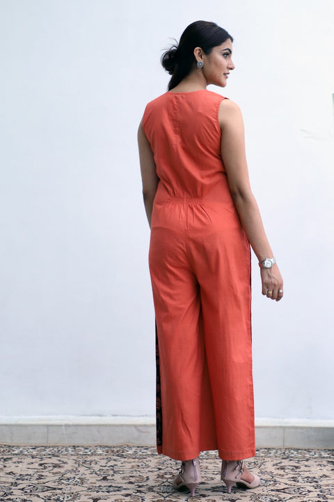 Premium Side-Buttoned Cotton Jumpsuit in Orange | Vinusto