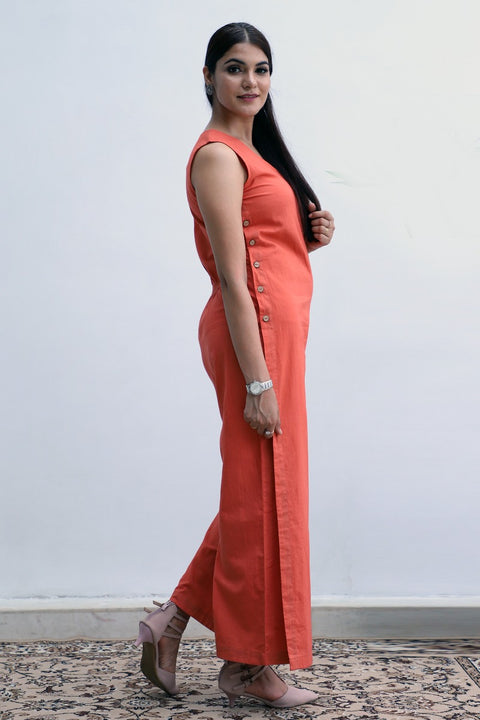 Buy Side-Buttoned Cotton Jumpsuit in Orange | Vinusto