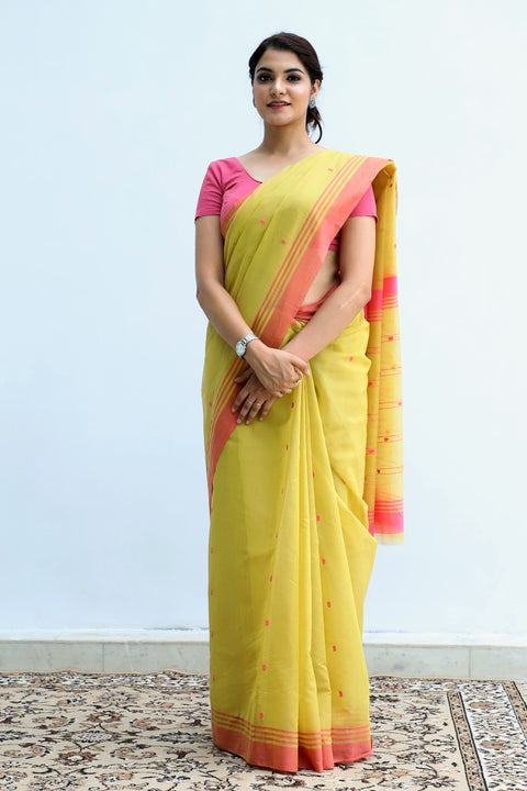 Shop Chanderi Saree in Yellow | Elegant Cotton Saree for Special Occasions

