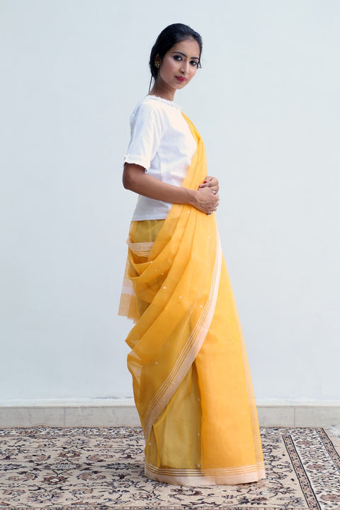 Buy Chanderi Saree in Yellow & White | Elegant Cotton Saree for Every Occasion

