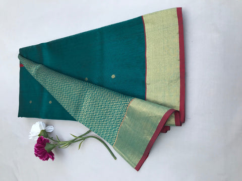 Luxury Chanderi Mercerized Silk Saree in Dark Green | Vinusto

