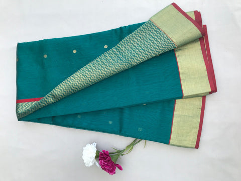 Premium Chanderi Mercerized Silk Saree in Dark Green | Vinusto


