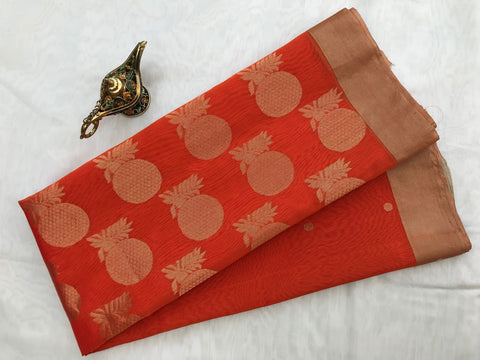 Premium Chanderi Mercerized Silk Saree in Orange | Traditional Handloom Sarees

