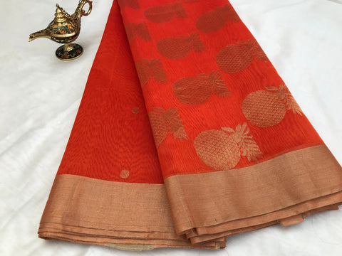 Handcraft Chanderi Mercerized Silk Saree in Orange | Traditional Handloom Sarees

