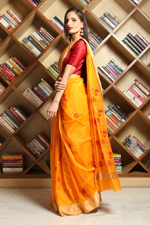 Buy Chanderi Mercerized Silk Saree in Yellow – Elegant and Traditional

