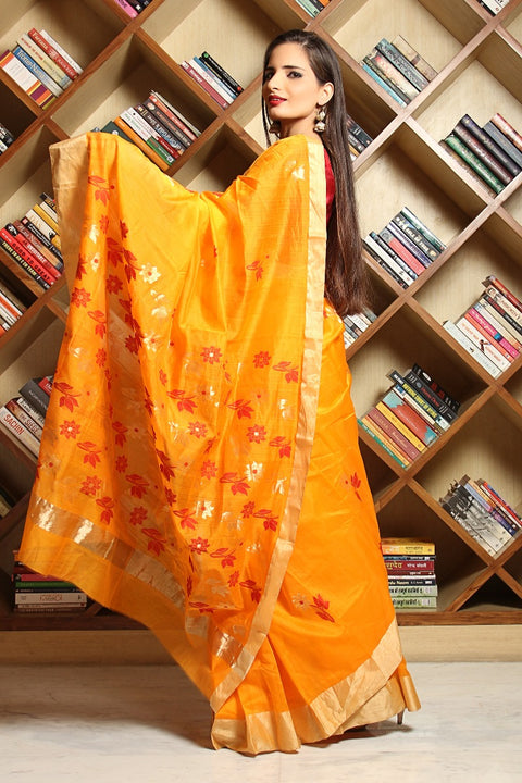 Shop Chanderi Mercerized Silk Saree in Yellow – Elegant and Traditional

