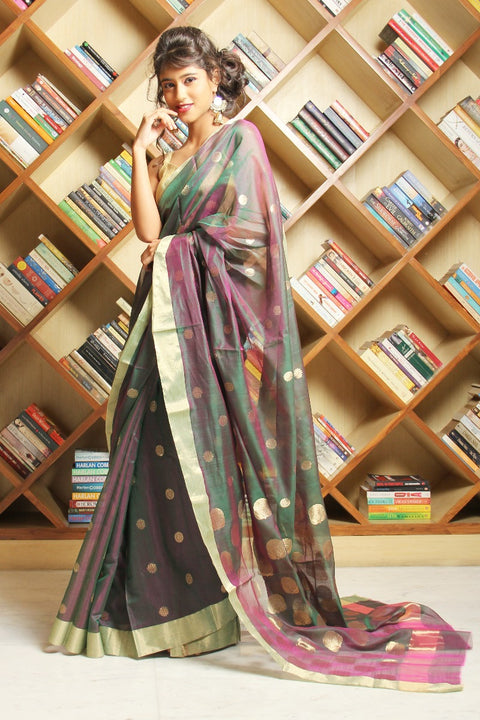 Shop Chanderi Mercerized Silk Saree in Double Shade of Green & Pink – Vibrant & Elegant

