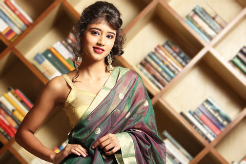 Luxury Chanderi Mercerized Silk Saree in Double Shade of Green & Pink – Vibrant & Elegant

