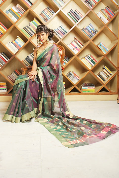 Buy Chanderi Mercerized Silk Saree in Double Shade of Green & Pink – Vibrant & Elegant

