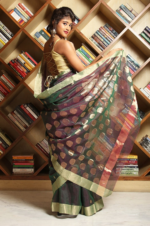 Order Chanderi Mercerized Silk Saree in Double Shade of Green & Pink – Vibrant & Elegant
