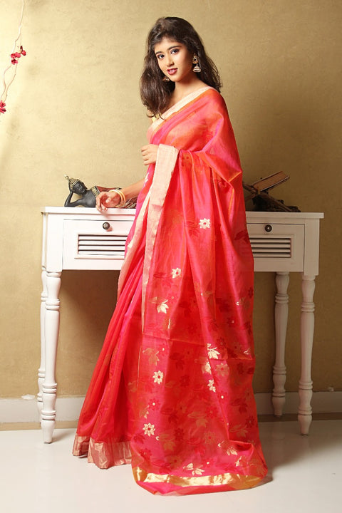 Shop Chanderi Mercerized Silk Saree in Tomato Pink – Stylish & Elegant

