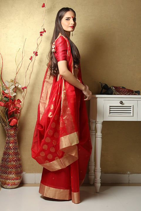 Shop Chanderi Mercerized Silk Saree in Red | Handloom Silk Sarees

