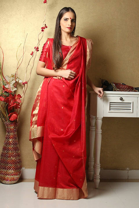 Buy Chanderi Mercerized Silk Saree in Red | Handloom Silk Sarees

