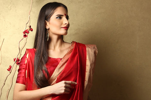 Luxury Chanderi Mercerized Silk Saree in Red | Handloom Silk Sarees

