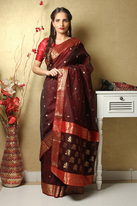 Shop Chanderi Mercerized Silk Saree in Maroon Red – Classic & Stylish | Vinusto

