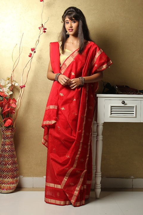 Shop Chanderi Mercerized Silk Saree in Red – Elegant & Vibrant | Vinusto

