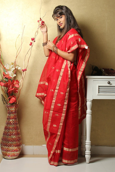 Chanderi Hand Loom Mercerized Silk Saree in Red