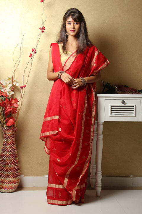 Luxury Chanderi Mercerized Silk Saree in Red – Elegant & Vibrant | Vinusto

