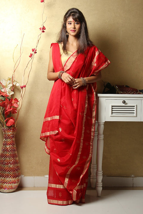 Chanderi Hand Loom Mercerized Silk Saree in Red
