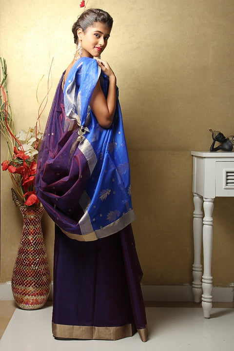 Buy Chanderi Mercerized Silk Saree in Navy Blue | Handloom Silk Sarees

