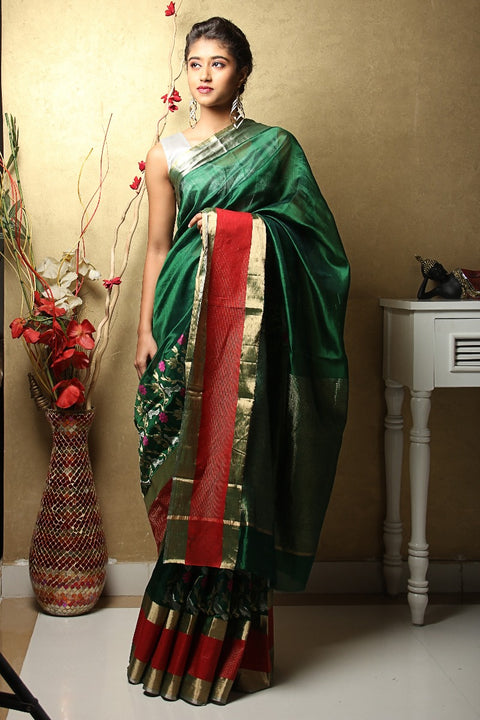 Buy Chanderi Silk Saree in Dark Green – Elegant & Luxurious | Vinusto

