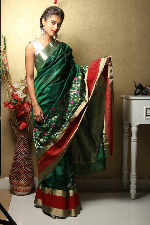 Luxury Chanderi Silk Saree in Dark Green – Elegant & Luxurious | Vinusto


